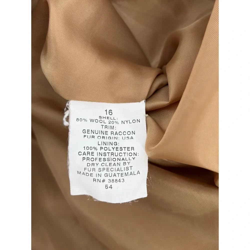 VTG Mackintosh Camel Wool Coat Hooded 100% Raccoon‎ Fur Full Zip Warm Coat 16